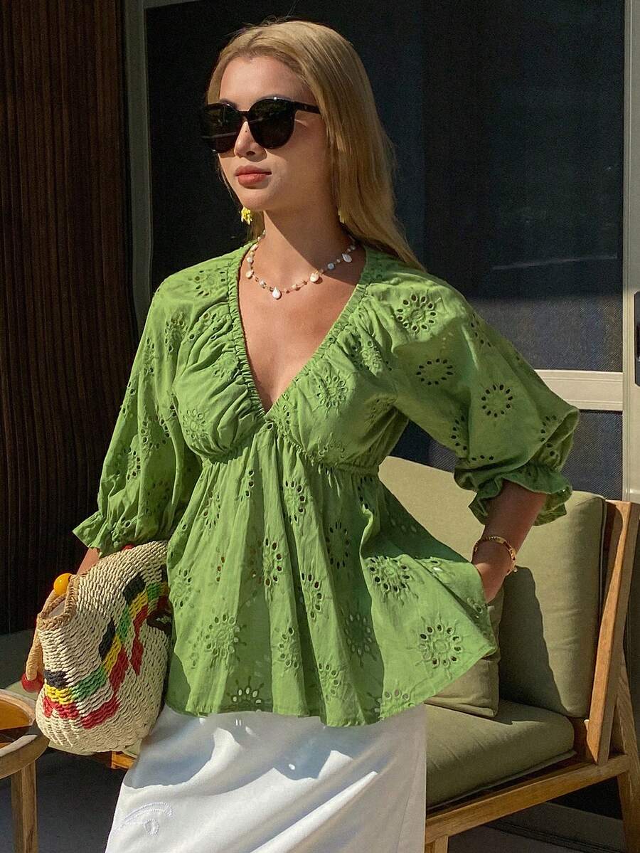 DAZY Women's V-Neck Ruffle Trim Casual Vacation Blouse With Cinched Waist, Spring/Summer - Green - View 1