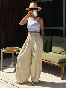 DAZY Women's Loose Solid Color Elastic Waist Casual Lantern Pants, Spring/Autumn - Khaki - View 3