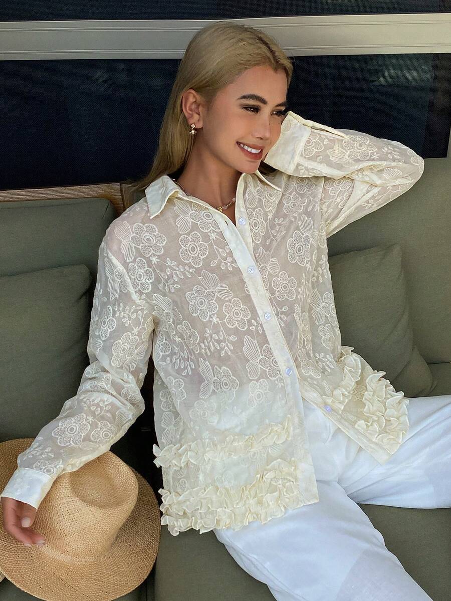 DAZY Blusa casual de vacaciones con mangas largas, plisada y con volantes en el bajo, de unicolor y estampado jacquard, para primavera/verano - Beis - Ver 1