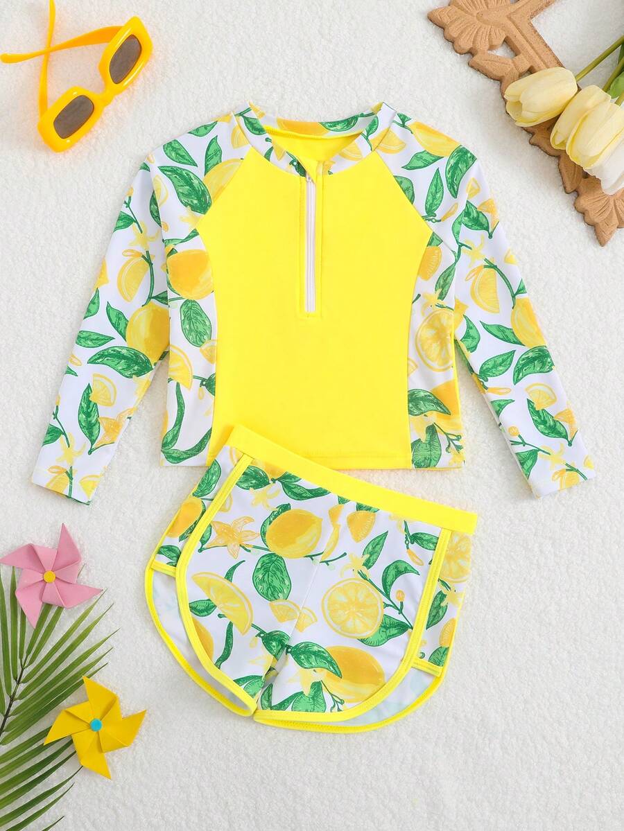 SHEIN Young Girl Lemon Print 2 Pieces Rash Guard Swimwear Set,Long Sleeve Zipper Top And Shorts Bathing Suit For Summer,Beach,Family Vacation,Holiday - Yellow - View 1