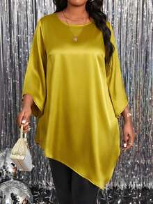 SHEIN Lady Plus Size Elegant Asymmetric Hem Solid Color Shirt, Autumn Spring To Summer Elegant Blouses For Ladies Elegant Women's Blouses Elegant Women's Blouses Shiny Top  Valentine Clothes Valentine's Day Wedding Elegant Dresses For Women Elegant Dresses For Women Wedding Guest Dress Elegant Party Dresses - Yellow - View 4