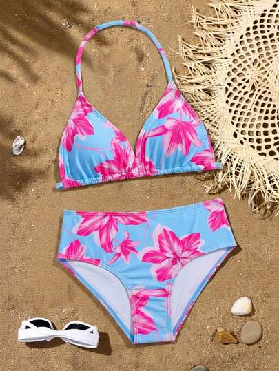 SHEIN 少女海星印花比基尼套装，两件套针织泳衣，时尚休闲优雅女童泳装，适合游泳、度假、夏季穿着