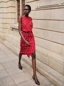 Lumivelle 女士时尚情人节系列心形印花前开衩连衣裙 - 紅白色 - 查看 3