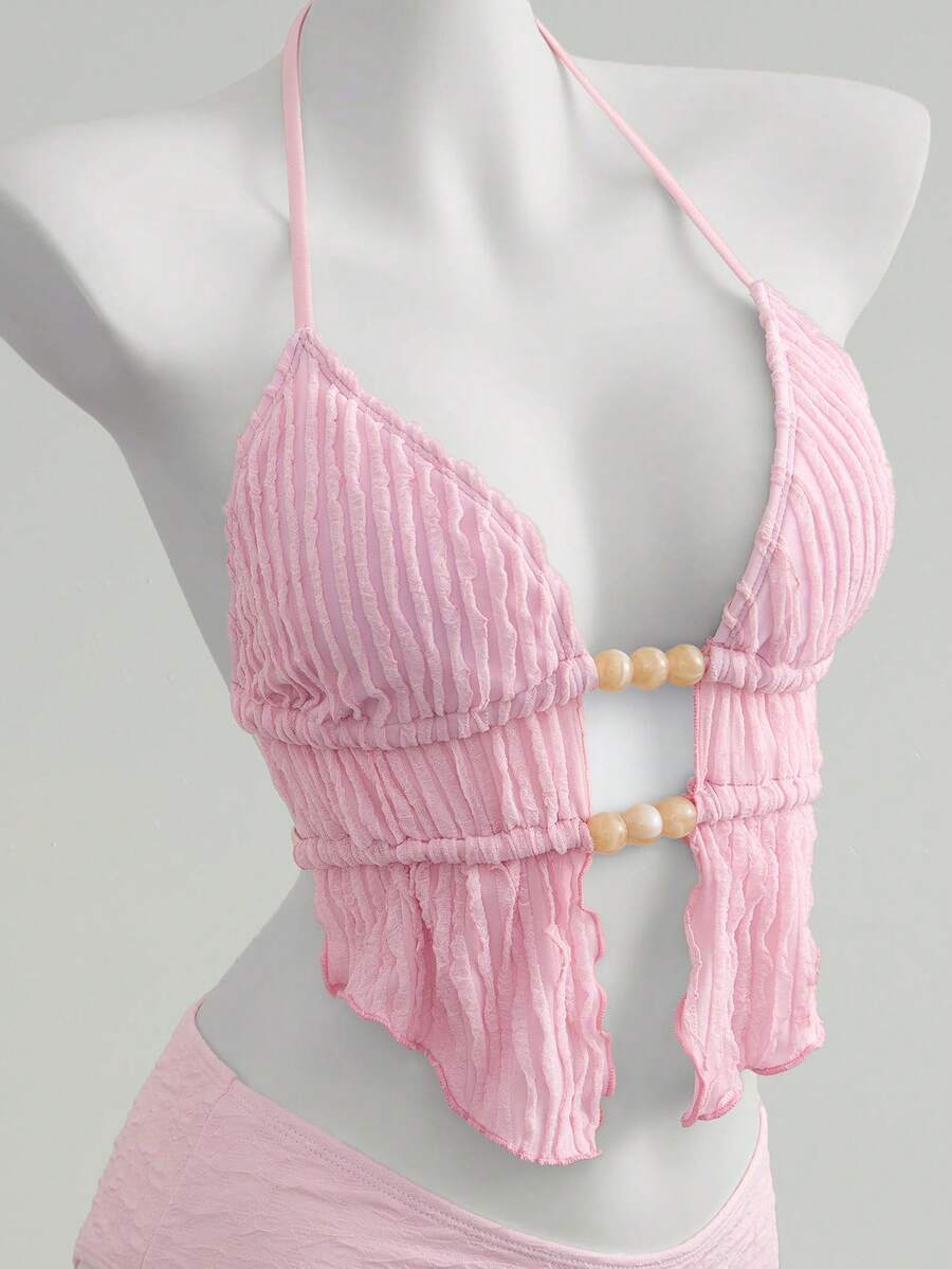 Swim Mod Women's Summer Beach Vacation Pink Front Tie Beaded Asymmetrical Hem Halter Swimsuit Top - Pink - View 1