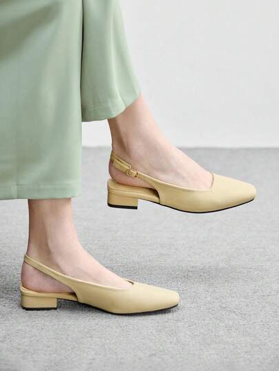 CUCCOO BIZCHIC Women's Exquisite Square Toe Light Yellow Simple Commuting Workplace Wear Low-Heeled Thick-Heeled Shoes, Exposed Heel Shoes