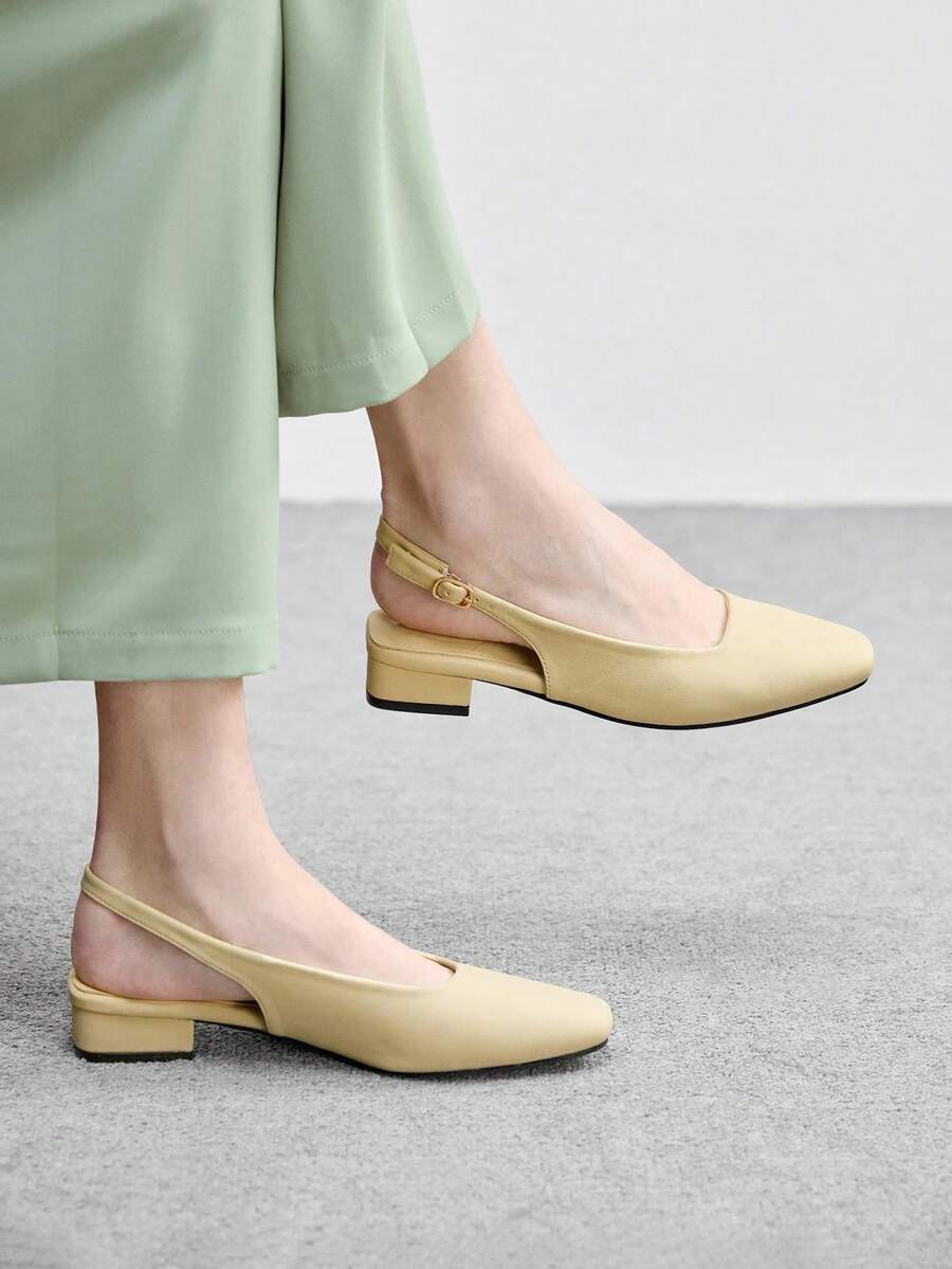 CUCCOO BIZCHIC Women's Exquisite Square Toe Light Yellow Simple Commuting Workplace Wear Low-Heeled Thick-Heeled Shoes, Exposed Heel Shoes - Mustard Yellow - View 1