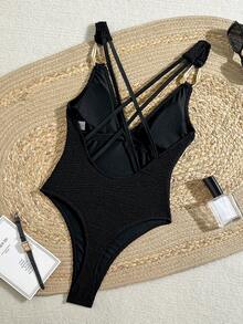 Swim SXY 女士新款纯色纹理粗肩带V领露背性感连体泳衣，适合海滩度假，春夏秋季皆宜 - 黑色 - 查看 5