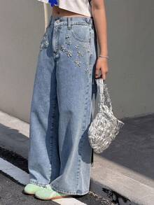 DAZY 少女水钻装饰牛仔裤 - 藍色 - 查看 4