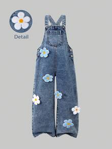 SHEIN ChillGRL Mädchen modischer Jumpsuit aus weich gewaschener Jeans mit Blumen-, Herz-, Regenbogen- und Graffiti-Muster, verstellbare Träger, weite Passform, vielseitig kombinierbar mit kurz- oder langärmeligen Oberteilen, geeignet für alle Jahreszeiten und Anlässe - Helle Waschung - Übersicht 3