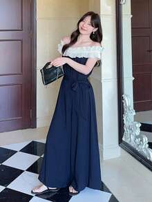 DAZY Bộ jumpsuit nữ thanh lịch với thiết kế phối màu, viền xếp ly, kiểu trễ vai, ống rộng, thích hợp cho kỳ nghỉ, mùa xuân/hè. - màu đen - Xem 3