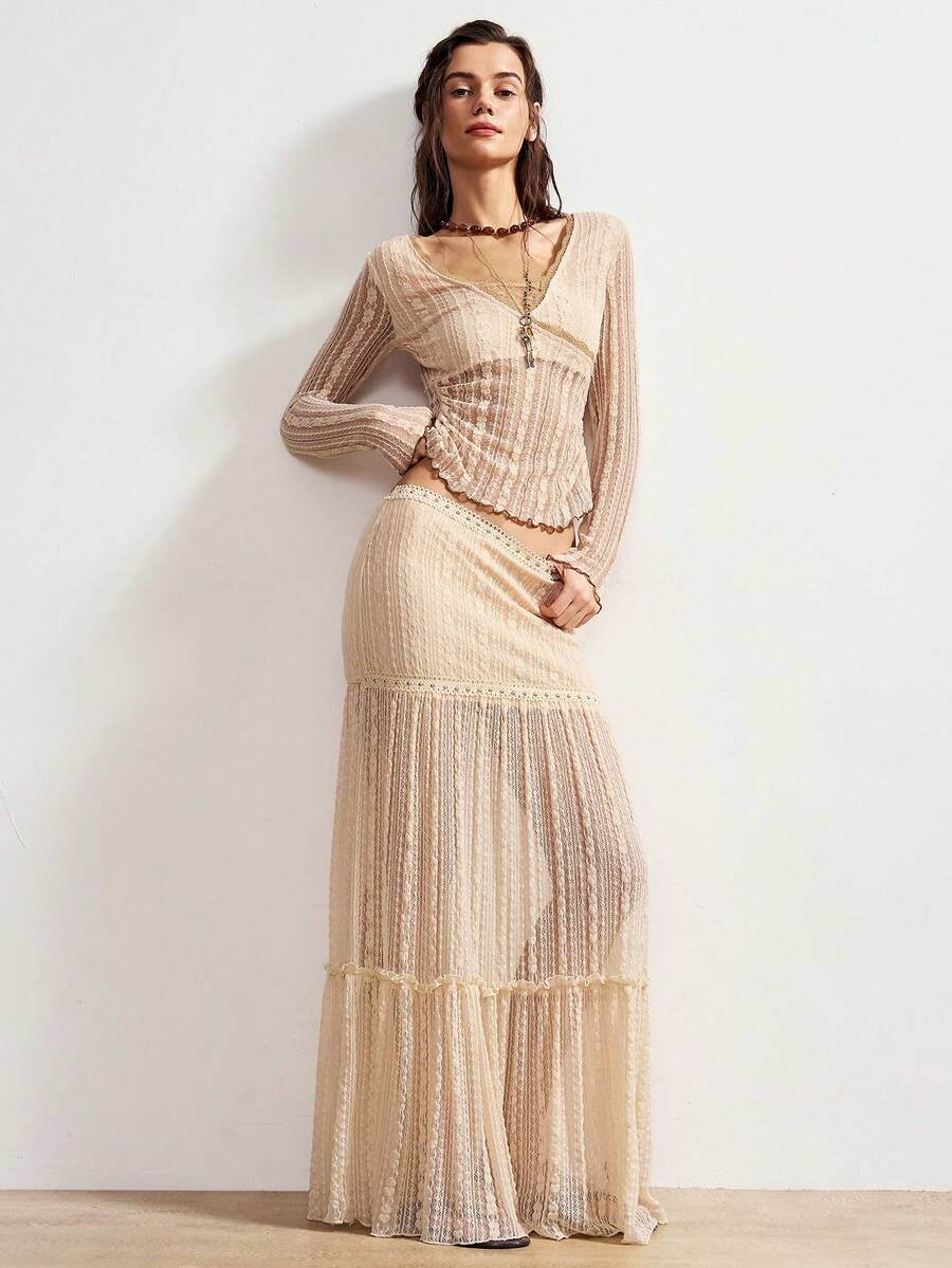 Bohemela 休闲纯色针织蕾丝荷叶边下摆女裙 - 杏色 - 查看 1