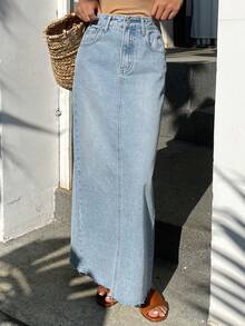 DAZY Women's Regular Waist Frayed Hem Long Casual Denim Skirt - Light Wash - View 4