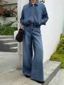 DAZY Women's Denim Jacket With Collar & Zipper And Loose Straight-Leg Jeans Casual Suit - Medium Wash - View 6