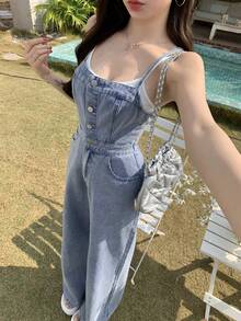 DAZY 女士宽松休闲交叉露背收腰复古水洗蓝色直筒牛仔裤、牛仔背带裤和连体裤，适合春夏穿着