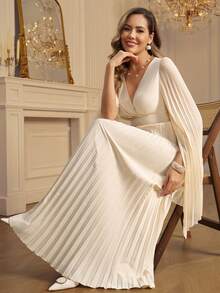 Amorya Women's Cream White Elegant V-Neck Chiffon Pleated A-Line Dress,Long Sleeve Waist Cinched Wedding Guest Bridesmaid Dresses For Autumn Dining Events - Light Yellow - View 7