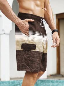 Zalmeno Men's Color Block Drawstring Waist Pocket Casual Beach Shorts - Multicolor - View 4