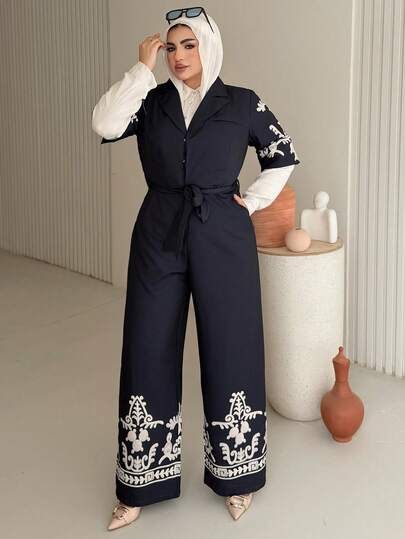 Dazy Plus Plus Size Women V-Neck Patterned Print Lace-Up Long Jumpsuit, Suitable For Commuting, Spring/Summer