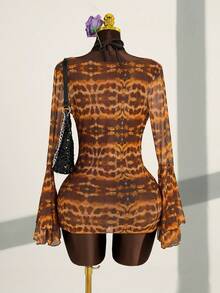 Zestiva New Leopard Print Sheer Halter Cutout Waist Metal Ring Flare Sleeve Sexy 3 PiecesSwimsuit - Multicolor - View 2