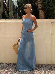 Dazy Tall Tall Women's Fringe Trim Vacation Style Denim Jumpsuit Dress Spring - Medium Wash - View 4