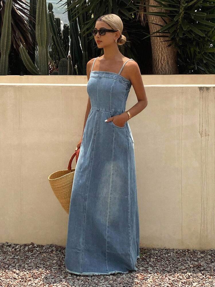 Dazy Tall Combinaison-pantalon en jean avec franges style vacances pour grandes tailles, printemps été - Jean bleu - Voir 4