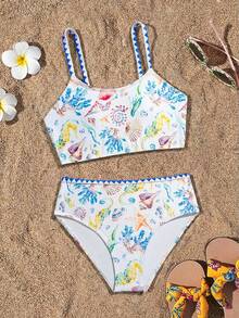 SHEIN 少女比基尼套装，可爱蓝色多色海洋星珊瑚贝壳针织面料，吊带荷叶边露脐上衣和泳裤两件套泳装，时尚优雅休闲，适合游泳、夏季度假、海滩、泳池、假日派对 - 彩色 - 查看 7