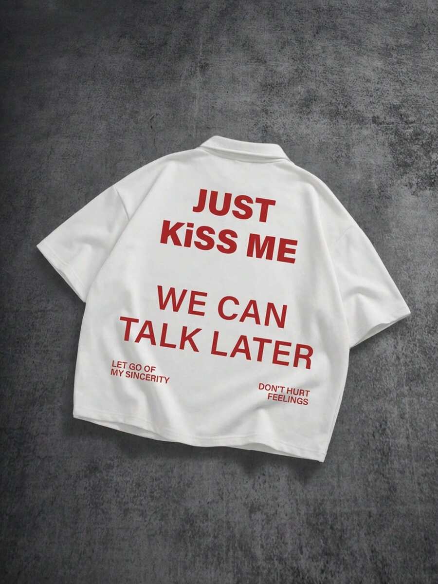 Manfinity ZONE917 Camisa polo de manga corta con estampado de lema, casual y versátil para uso diario y trayectos - Blanco - Ver 1