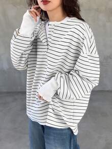 FRIFUL Women's Striped 100% Cotton Round Neck Dropped Shoulder Long Sleeve Ribbed Cuff & Hem Button-Up Loose Casual Versatile T-Shirt