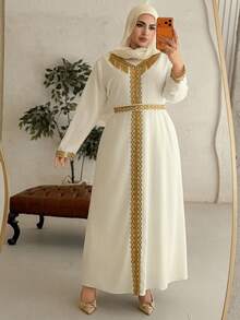Dazy Plus Valentine Elegant Sequin Fringe Decor Long Sleeve Robe With Tie Waist, Plus Size, Spring/Summer Maxi Dress Sundress - White - View 5