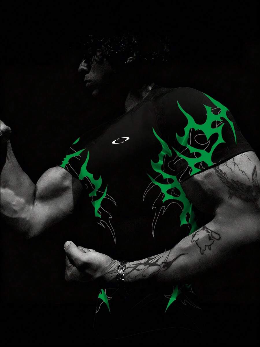 GymBeat Áo thun thể thao nam tay raglan cổ tròn in họa tiết, kiểu dáng thường ngày, thích hợp cho mùa hè. - Nhiều màu - Xem 1