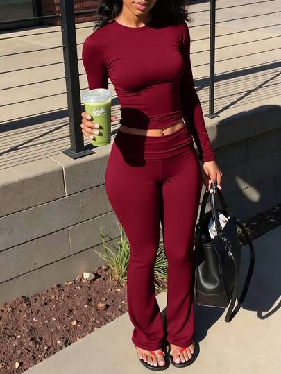 INAWLY 2pcs Women Casual Commuting Minimalist Solid Color Long Sleeve Cropped T-Shirt And Flare Pants Set, Spring/Autumn