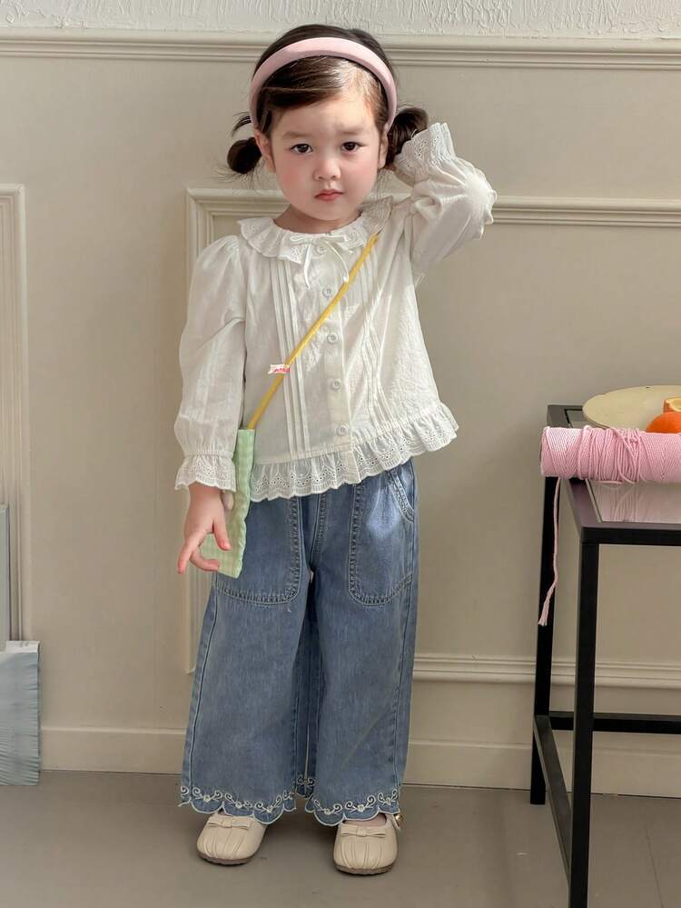 Toddler Girls' Spring/Summer Embroidered Casual Loose Wide-Leg Jeans