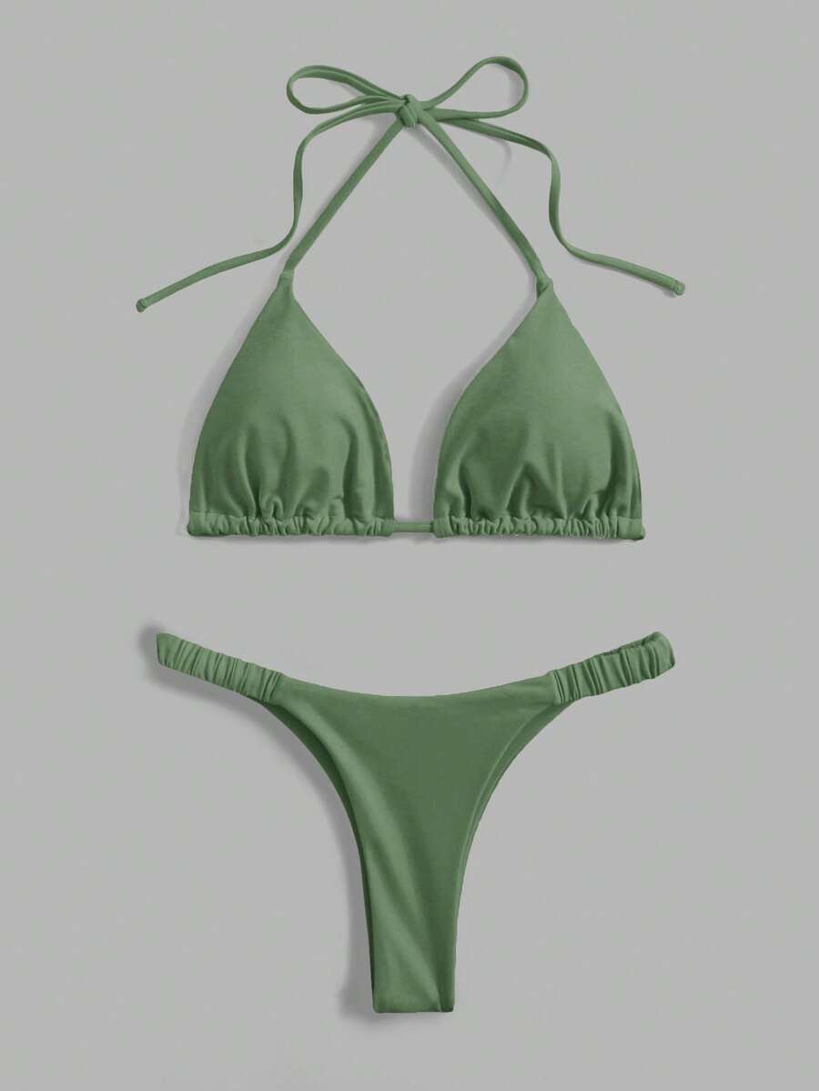 Swim Mod Solid Color Halter Spaghetti Strap Triangle Bikini Swimwear, Summer Holiday Beach Holiday Sage Green