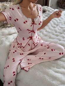 CottageSlumber 2 pièces Ensemble de pyjama court à manches courtes pour femmes avec motif romantique en dentelle, texture tricotée et rayures en forme de cœur - Multicolore - Voir 6