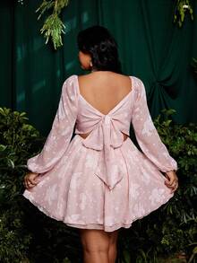 Đầm dài tay dáng chữ A tay dài hở lưng, buộc dây, cỡ lớn, chất liệu jacquard. - Bụi hồng - Xem 3