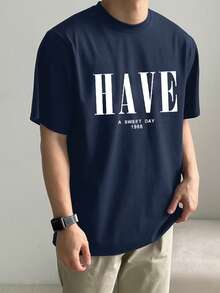DAZY Men's Letter Print Short Sleeve T-Shirt, Navy Blue, Summer - Navy Blue - View 2
