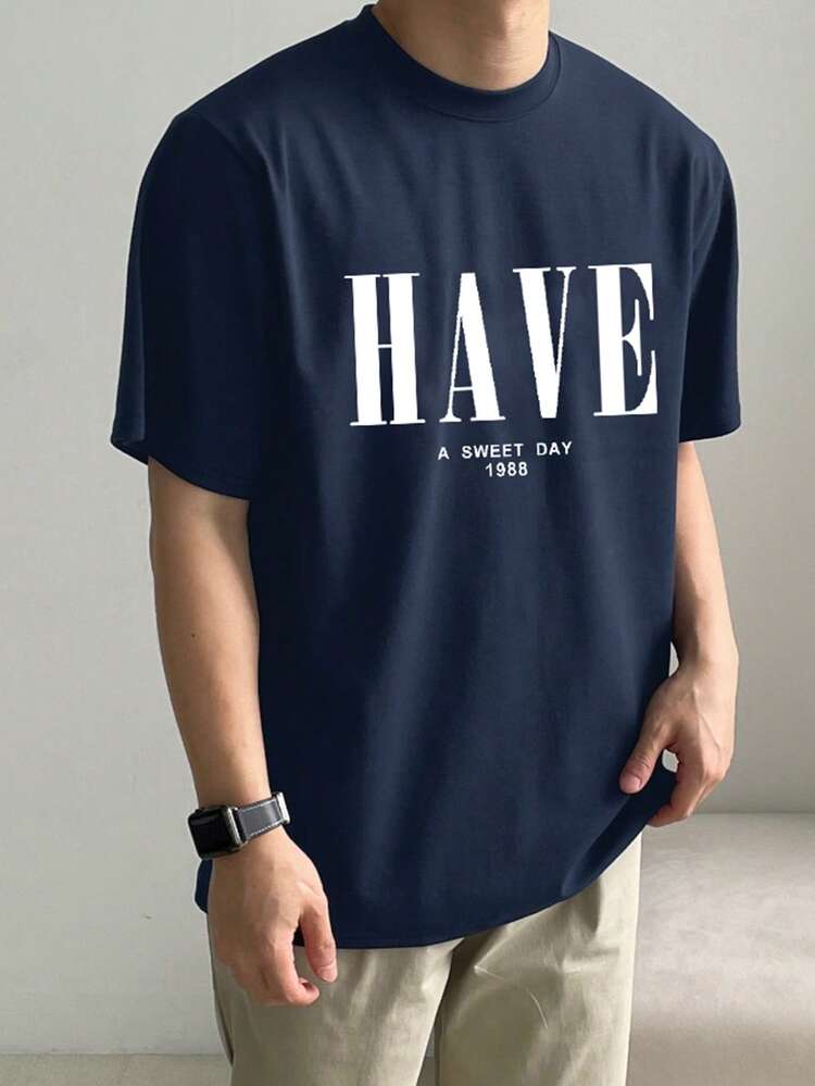 Men's Letter Print Short Sleeve T-Shirt, Navy Blue, Summer