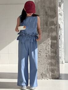 DAZY Tween Girl Casual Vacation Style Fashion Street Peplum Waist Sleeveless Denim Jumpsuit, Spring/Summer - Blue - View 1