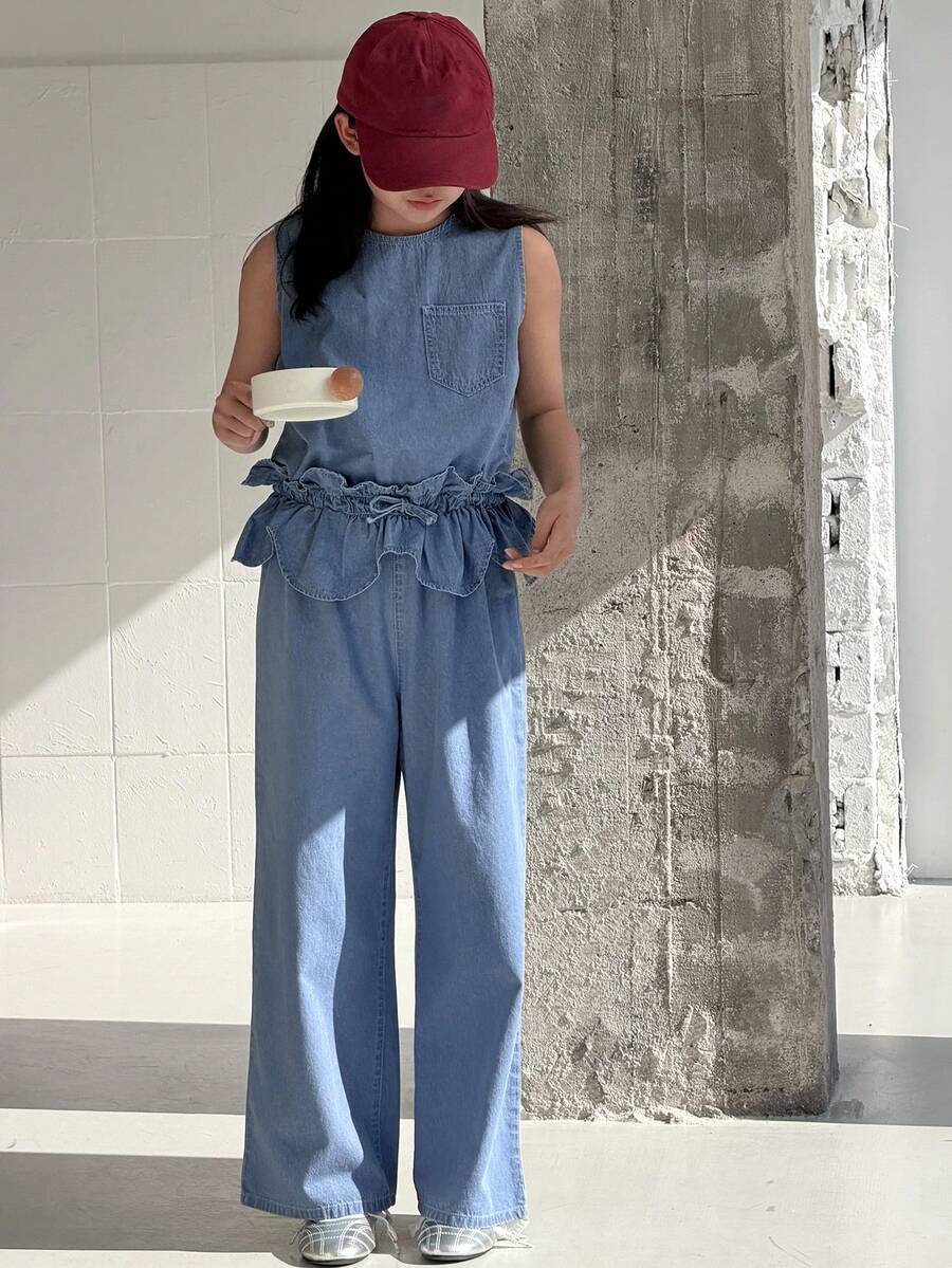DAZY Tween Girl Casual Vacation Style Fashion Street Peplum Waist Sleeveless Denim Jumpsuit, Spring/Summer - Blue - View 1