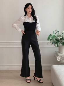 女士纯色修身喇叭裤，优雅正式，适合春秋季穿着 - 黑色 - 查看 5