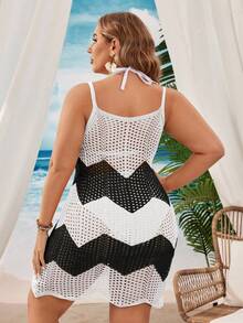 Swim Vcay Đầm dệt kim khoét lỗ phối màu tương phản dành cho nữ cỡ lớn, thích hợp cho kỳ nghỉ hè. - Đen và trắng - Xem 3