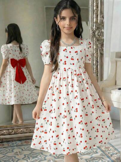 SHEIN Tween Girl Cherry Print Bubble Sleeve Dress With Elegant Bow Back, Casual Summer Cherry Dress Tween Girls Dress Girl Cherry Dress Strawberry Dress Mom Daughter Matching Dress