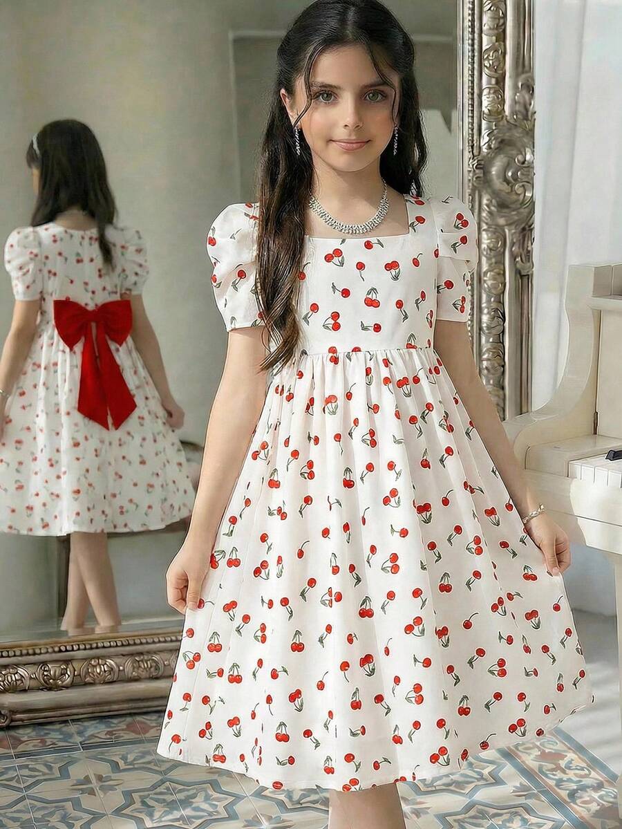 SHEIN 少女樱桃印花泡泡袖连衣裙,后背饰有优雅蝴蝶结,休闲夏季款 - 紅色 - 查看 1