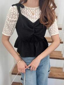 FRIFUL Women's Pleated Shoulder Tie Ruffle Hem Solid Color Camisole - Black - View 4