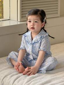 DAZY Bộ đồ ngủ 2 mảnh thoải mái kiểu Hàn Quốc cổ bẻ in hình hoạt hình cún con cho bé gái - Màu xanh nhạt - Xem 2