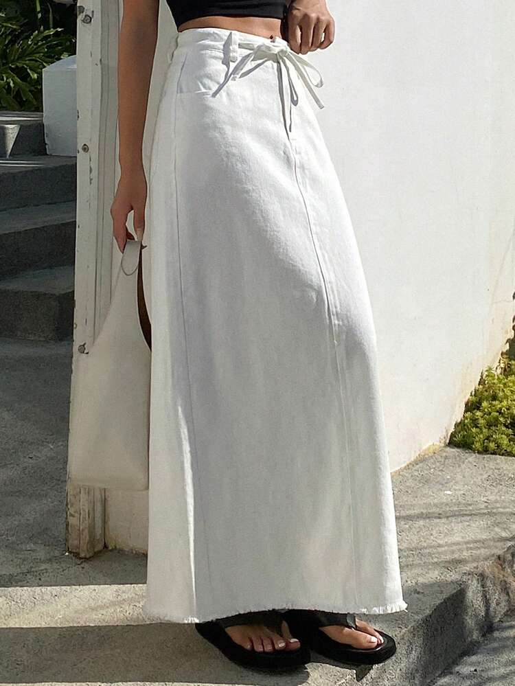 Women's Drawstring Tie Waist Extra Long Casual Denim Skirt