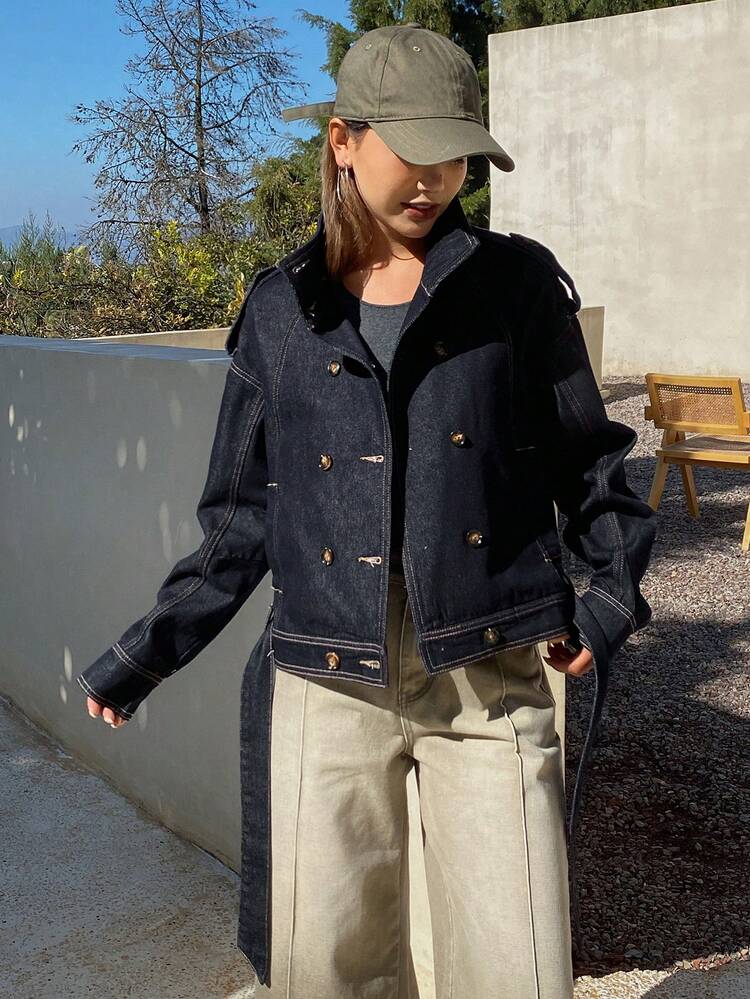 Women's Double-Breasted Waist Belt Decor Stand Collar Short Loose Urban Casual Denim Jacket And Coat