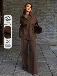 DAZY Women's Collared Side Tie Shirt And Loose Wide Leg Jeans Casual 2-Piece Suit