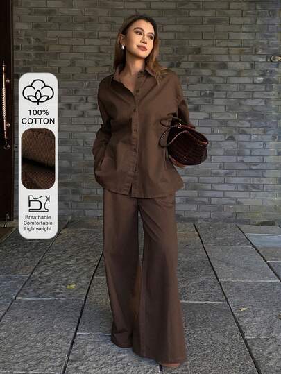 DAZY Women's Collared Side Tie Shirt And Loose Wide Leg Jeans Casual 2-Piece Suit