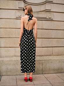 Lumivelle Elegant Black And White Polka Dot Summer Halter Neck Maxi Dress,Satin French Retro Backless Bowknot Design,Side Ruched Waist Fitted Long Date Dress - Black - View 3