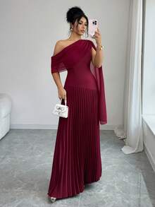 Rafferiza Women's Elegant Oblique Shoulder Ruffle Pleated Dress - Burgundy - View 4